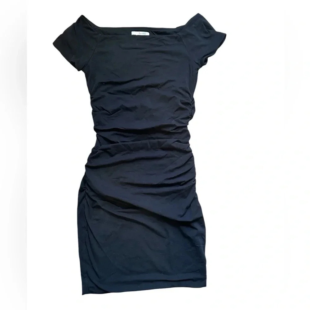 Boden Off Shoulder Ruched Dress 6R Black Stretch Bodycon Above Knee